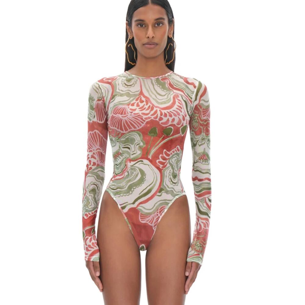 Andrea lyamah Elle Abstract Mushroom Bodysuit Semi-Sheer Mesh Leotard size S